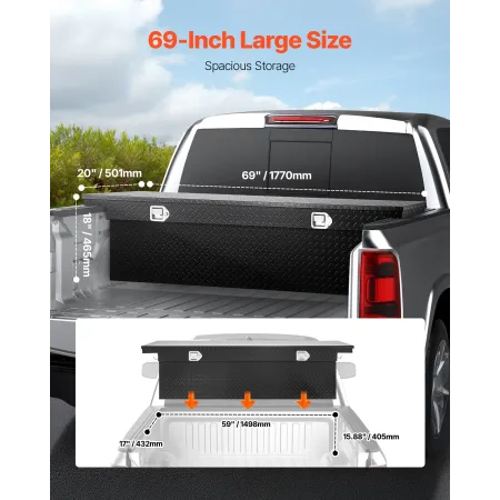 Crossover Truck Tool Box, 69x20x18 In, Heavy Duty Aluminum Toolbox with Diamond Texture, Pick Up Truck Bed RV Trailer Toolbox, W