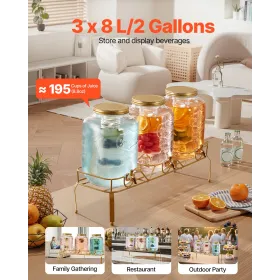 VEVOR Drikkevareautomat, 3-pak 8L drikkevareautomater til fester, Juicedispenser i glas med metalstativ, rustfri ståltap