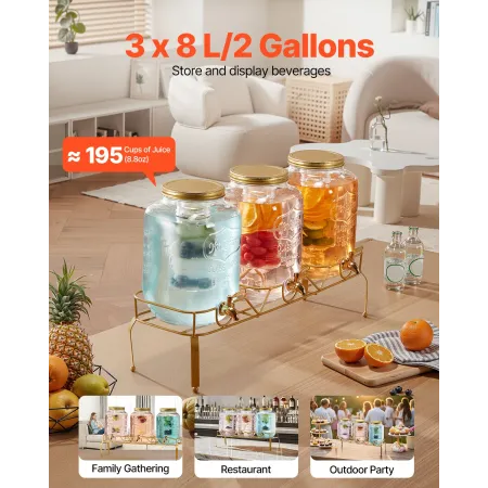 Beverage Dispenser, 3 Pack 8L Drink Dispensers for Parties, Glass Juice Dispenser with Metal Stand, Stainless Steel Spigot, Infu