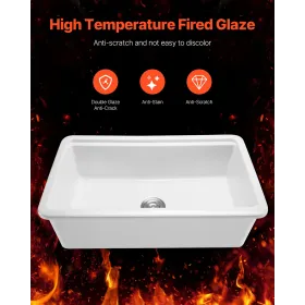 VEVOR 84 cm Bondegårdsvask, Hvid vask Arbejdsstation, Fireclay Undermount Bass, Drop-In Single Bowl Basin med flere tilbehør