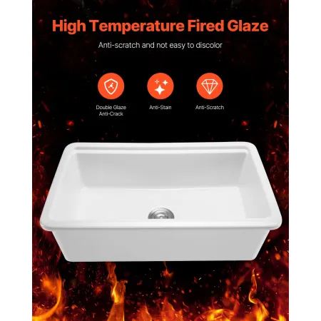 VEVOR 84cm Farmhouse Sink, White Sink Workstation, Fireclay Undermount Basins, Drop-In Single Bowl Basin with Multiple Accessori