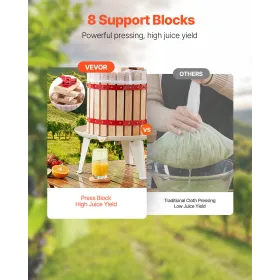 VEVOR 3,2 Gal/12L frugtvinpresse, massiv trækurv med 8 blokke, kraftig manuel juicemaskine, cideræbledruetinktur H