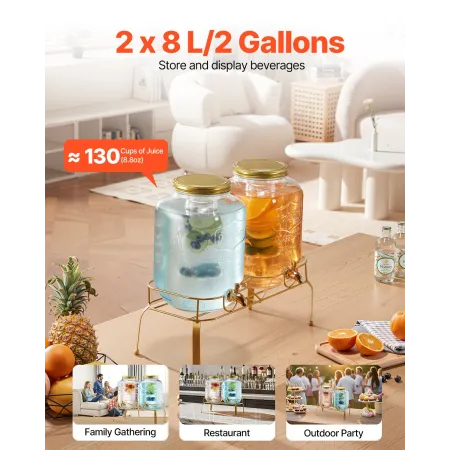 VEVOR drikkevaredispenser, 2 pakke 8L drikkevareautomater til fester, Juicedispenser i glas med metalstativ, rustfri ståltap