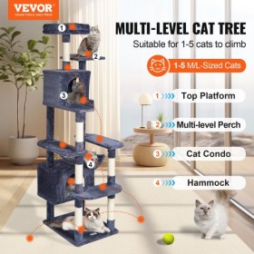 Cat Tree 72" Cat Tower with 2 Cat Condos Sisal Scratching Post Dark Grey
