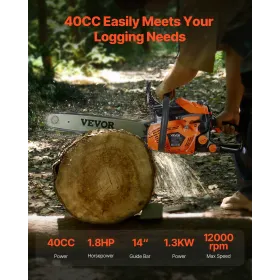 VEVOR 40 cc Gas Chainsaw, 14 inch Gas Powered Chainsaw, 1.8 HP Power Chain Saw with Non-Slip Handle, Gas-Powered Chainsaws with 