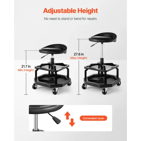 VEVOR Rolling Shop Stool, Pneumatic Garage Seat/Work Stool with 300 lbs Capacity, Adjustable Height Roller Creeper Seat, 360° Sw