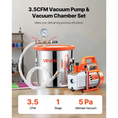 VEVOR 11,36 L Vakuumkammer med Pumpe, 110 L/min, Rustfrit Stål, Afgasningskammersæt, Enkelttrins Vakuumpumpe, Tempereret Gl