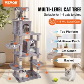 Cat Tree 68.5" Cat Tower with Cat Condos Sisal Scratching Post Light Grey