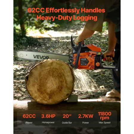 62 cc Gas Chainsaw, 20 inch Gas Powered Chainsaw, 3.6 HP Power Chain Saw with Non-Slip Handle, Gas-Powered Chainsaws with Dual F