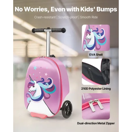 Ride-on Luggage, 20 L Capacity, 20 Inches Kids Scooter Suitcase with Flash PU Wheels, Adjustable Handle & TPR Non-Slip Grip, Fol