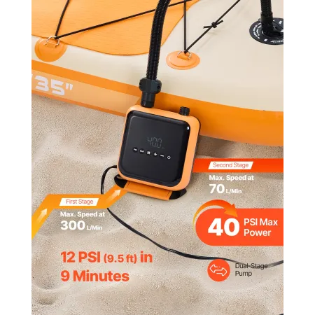 VEVOR Paddle Board-pumpe, 40PSI højtryk, dobbelttrins oppustning og tømning SUP-luftpumpe med Auto-Off-funktion og 12V DC Ca