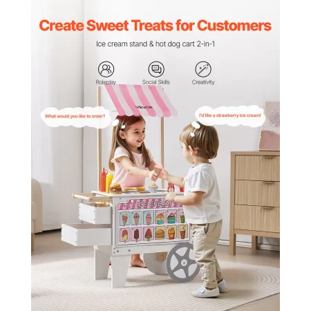 Ice Cream Cart for Kids, 20+ PCS Accessories, Pretend Play Ice Cream Shop Kitchen Food Toys with Ice Cream Cone & Popsicle, Awni