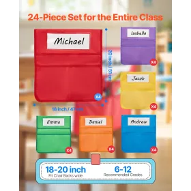 VEVOR Chair Pockets for Classroom, 24 Pack, 18 x 20 Inches Chairback Buddy Pocket with Name Tag, 6 Bright Colors, Back of Chair 