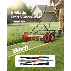 Push Reel Lawn Mower 45 cm, 5 Blades Manual Push Mower No Motor, 35- 62mm Adjustable Cutting Height, Walk-Behind Lawn Mowers wit