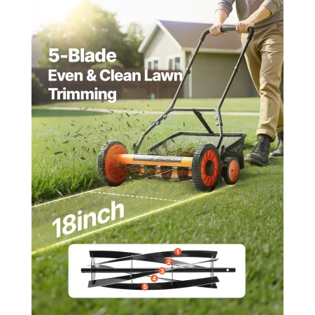 Push Reel Lawn Mower 45 cm, 5 Blades Manual Push Mower No Motor, 35- 62mm Adjustable Cutting Height, Walk-Behind Lawn Mowers wit