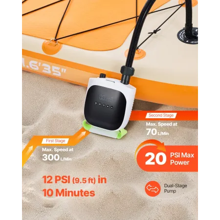 VEVOR Paddle Board-pumpe, 20PSI højtryk, genopladeligt batteridrevet, dobbelttrins elektrisk SUP-luftpumpe med Auto-Off og D