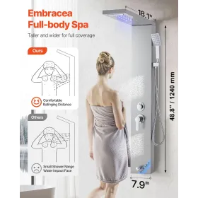VEVOR Shower Panel Tower System with Rainfall Waterfall Shower Head, LED, 53 in Brushed Stainless Steel Shower Column, 5-Functio