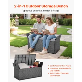 VEVOR Outdoor Storage Bench, 2-Person PE Rattan Storage Bench, 151L Deck Box with Cushion & Side Handle, Supports up to 181kg, W