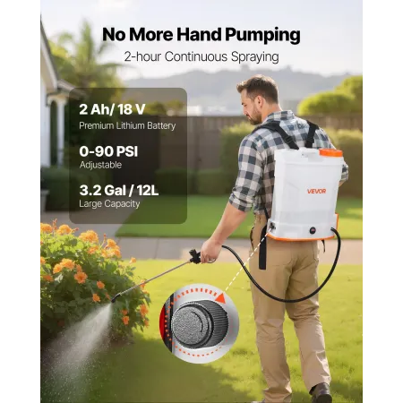 Battery Powered Backpack Sprayer, 12L Powerful Electric Backpack Sprayer, 2 Retractable Wands & 5 Nozzles, Adjustable 0-90 PSI, 