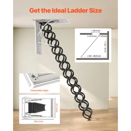 Attic Ladder, 660LBS/299.4KG Capacity, Fits 9.5 to 10.2 ft Ceiling Height and 39.4 x 27.5 inch Opening Size, Alloy Steel Pull-Do