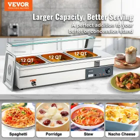 Commercial Electric Food Warmer Countertop Buffet 3*12Qt with Glass Shield