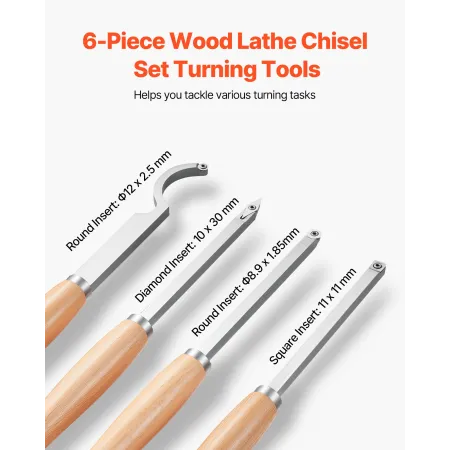 Wood Lathe Turning Tool Set, 6PCS, Lathe Roughing, Finishing, Detailing Hollow Tool with Wooden Handle, Diamond Round Square Car