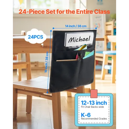 VEVOR Chair Pockets for Classroom, 24 Pack, 14 x 15 Inches Chairback Buddy Pocket with Name Tag, Back of Chair Organizer for Kid