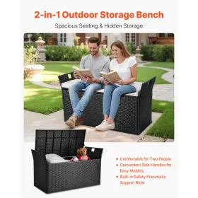 VEVOR Outdoor Storage Bench, 2-Person PE Rattan Storage Bench, 340L Deck Box with Cushion & Side Handles, Supports up to 362kg, 