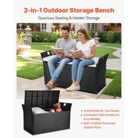 VEVOR Outdoor Storage Bench, 2-Person PE Rattan Storage Bench, 340L Deck Box with Cushion & Side Handles, Supports up to 362kg, 