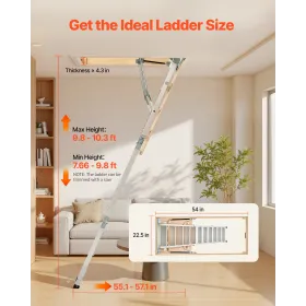 VEVOR Attic Ladder, 375LBS / 170KG Capacity, 9.8 to 10.3 ft / 3 to 3.13 m Height Adjustable, Multi-Purpose Foldable Aluminium At