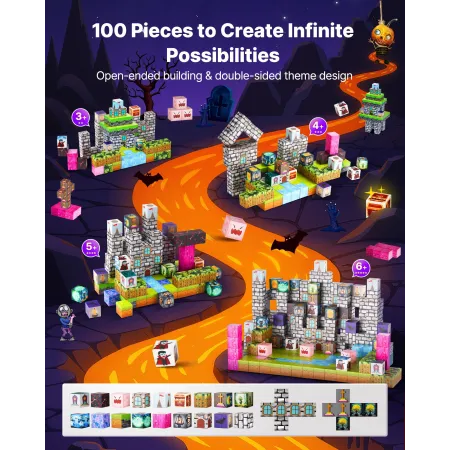 Magnetic Blocks, 100 PCS Cemetery Zombies Set, Magnetic Building Cubes for Kids, STEM Montessori Sensory Toys for Christmas Birt