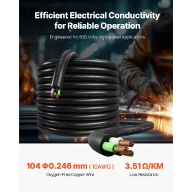 50 FT(15.24 m) 10AWG (6 mm²) Premium Electrical Power Cable Copper Extension Cord Wire