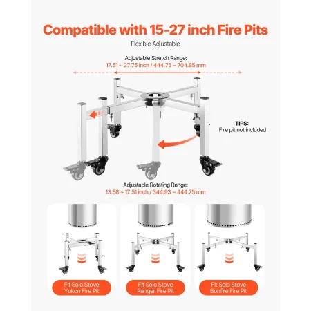 Fire Pit Stand, 38-68.6 cm Adjustable Stretch with 4 Casters, Firepit Stand for Solo Stove Bonfire Ranger Yukon & Other Outside 