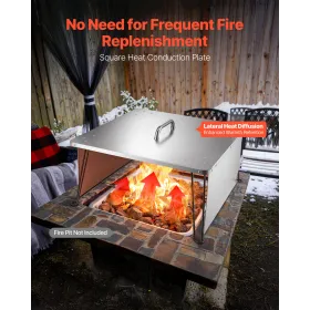 Fire Pit Heat Deflector, 645x645x370 mm Square Outdoor Burner Cover, Stainless Steel Bonfire Camping Wood Burning, Push Heat Dow
