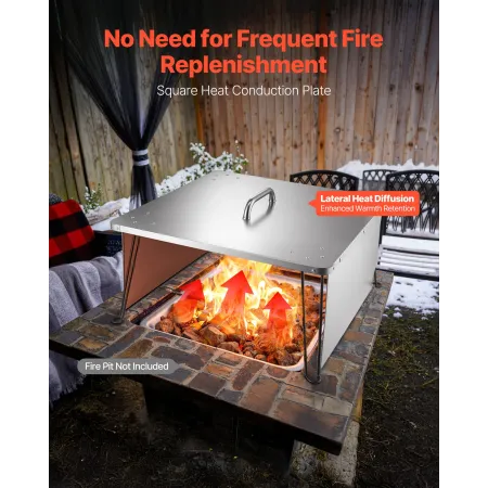 VEVOR Fire Pit Heat Deflector, 645x645x370 mm Firkantet udendørs brænderdæksel, rustfrit stål bål Camping Brændefyring, Push He