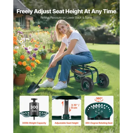  Rolling Garden Cart with Swivel Seat, Heavy Duty Garden Seat with Storage Basket & Tool Tray, 300 lbs Weight Capacity, Outdoor 