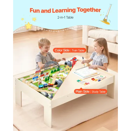 VEVOR Train Table, 120 Multicolor Pieces Wooden Kids Activity Table with Collapsible Storage Bin, 3-in-1 Wooden Train Set for Ga