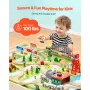 Train Table, 120 Multicolor Pieces Wooden Kids Activity Table with Collapsible Storage Bin, 3-in-1 Wooden Train Set for Gaming, 