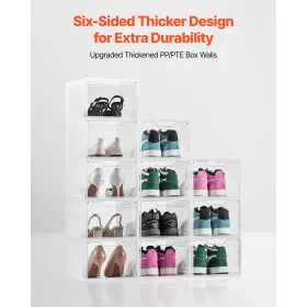 Shoe Storage Boxes, 12 Pack Clear Stackable Shoe Boxes Storage Organizers with Magnetic Door, Fit up to US Size 13, Plastic Snea