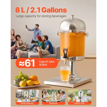 Beverage Dispenser, 8L Drink Dispenser for Parties, Stainless Steel + Plastic Juice Dispensers with Spigot Ice Chamber Tray, Ice