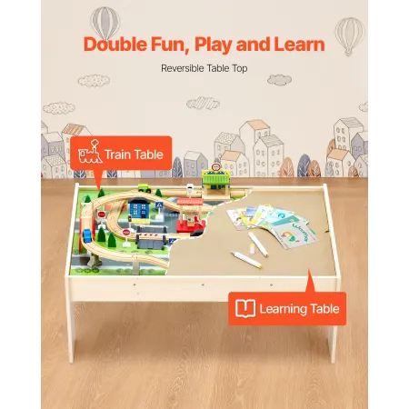 VEVOR Train Table, 84 Multicolor Pieces Wooden Kids Activity Table with Collapsible Storage Bin, 3-in-1 Wooden Train Set for Gam