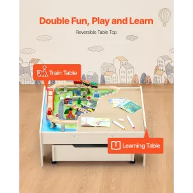 VEVOR Train Table, 100 Multicolor Pieces Wooden Kids Activity Table with Rolling Storage Drawer, 3-in-1 Wooden Train Set for Gam
