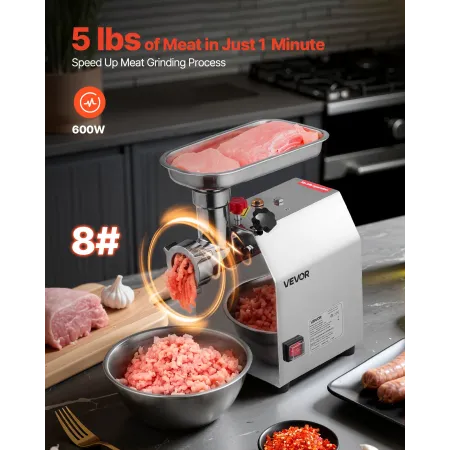 Commercial Electric Meat Grinder, 2.3 kg/min Capacity, 8 Industrial Meat Mincer with 2 Stainless Steel Blades, 2 Grinding Plates