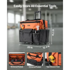 Rolling Tool Bag, 110 lbs Load Capacity, 27 Pockets Heavy Duty Roller Tool Bag on Wheels, Adjustable Telescoping Handle & Stable