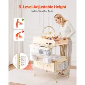 Baby Changing Table, Foldable Diaper Change Station with 2 Fabric Drawers, Side Basket & Hanging Rod, Adjustable Height Portable
