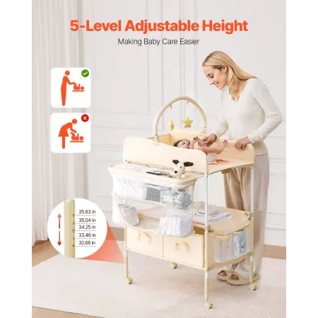 VEVOR Baby Changing Table, Foldable Diaper Change Station with 2 Fabric Drawers, Side Basket & Hanging Rod, Adjustable Height Po