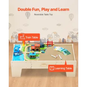 Train Table, 62 Multicolor Pieces Wooden Kids Activity Table with Large Storage Drawer, 3-in-1 Wooden Train Set for Playing, Dra