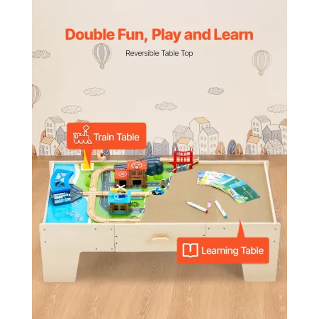 Train Table, 62 Multicolor Pieces Wooden Kids Activity Table with Large Storage Drawer, 3-in-1 Wooden Train Set for Playing, Dra