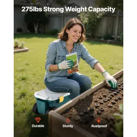 VEVOR Garden Scooter with Seat, 2 in 1 Rolling Garden Cart with Storage Bin, Supports up to 123kg, Outdoor Wagon with Handle, Li