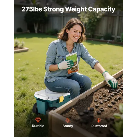 VEVOR Garden Scooter with Seat, 2 in 1 Rolling Garden Cart with Storage Bin, Supports up to 123kg, Outdoor Wagon with Handle, Li